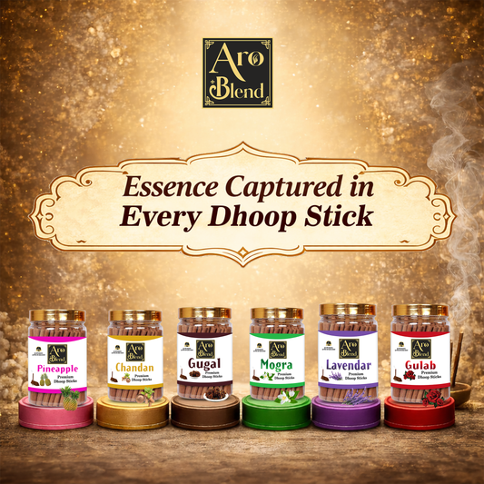 Aroblend Premium Gulab, Mogra, Chandan, Pineapple, Lavender & Gugal Dry Dhoop Incense Sticks Combo Pack Of 6 Jar For Room Freshness, & Yoga Meditation