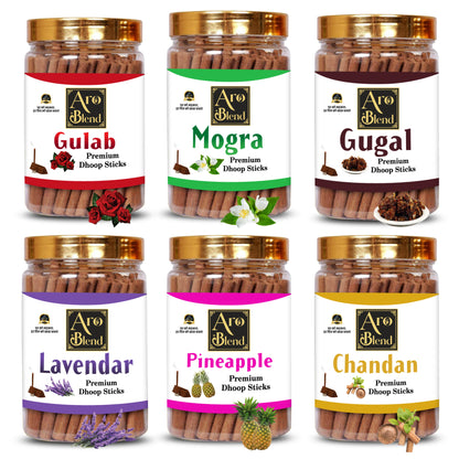 Aroblend Premium Gulab, Mogra, Chandan, Pineapple, Lavender & Gugal Dry Dhoop Incense Sticks Combo Pack Of 6 Jar For Room Freshness, & Yoga Meditation