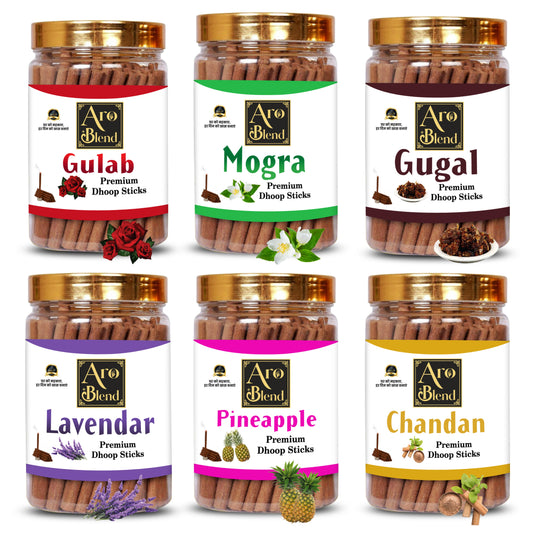 AROBLEND PREMIUM GULAB, MOGRA, CHANDAN, PINEAPPLE, LAVENDER & GUGAL DRY DHOOP INCENSE STICKS COMBO PACK OF 6 JAR FOR ROOM FRESHNESS, & YOGA MEDITATION