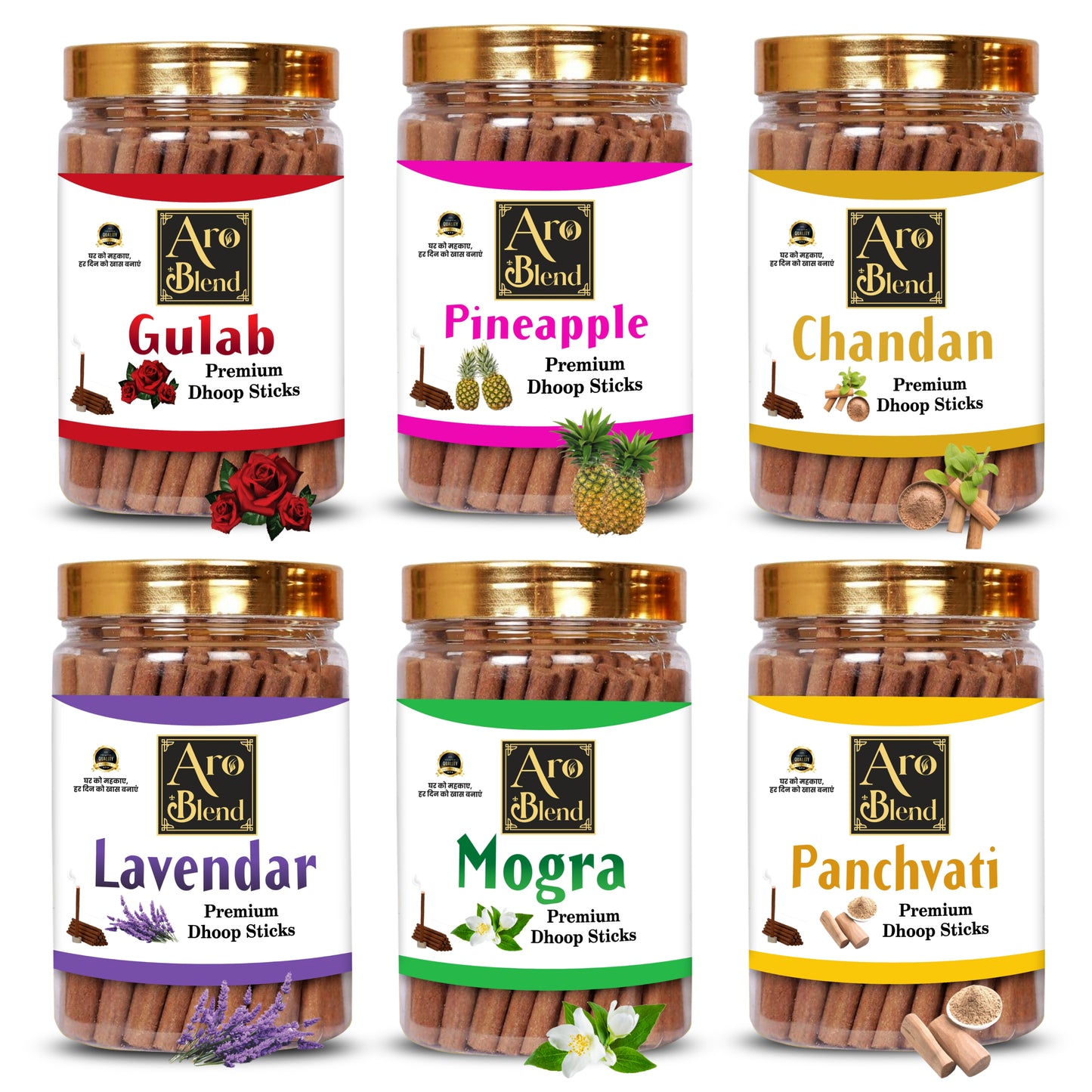 Aroblend Premium Gulab, Mogra, Chandan, Panchvati, Pineapple & Lavender Dry Dhoop Incense Sticks Combo Pack Of 6 Jar For Room Freshness, & Yoga Meditation