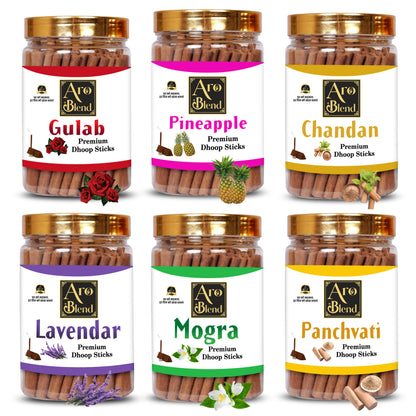 Aroblend Premium Gulab, Mogra, Chandan, Panchvati, Pineapple & Lavender Dry Dhoop Incense Sticks Combo Pack Of 6 Jar For Room Freshness, & Yoga Meditation