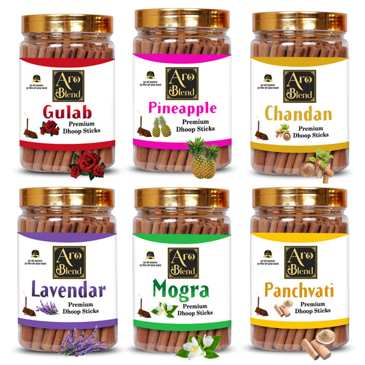 AROBLEND PREMIUM GULAB, MOGRA, CHANDAN, PANCHVATI, PINEAPPLE & LAVENDER DRY DHOOP INCENSE STICKS COMBO PACK OF 6 JAR FOR ROOM FRESHNESS, & YOGA MEDITATION