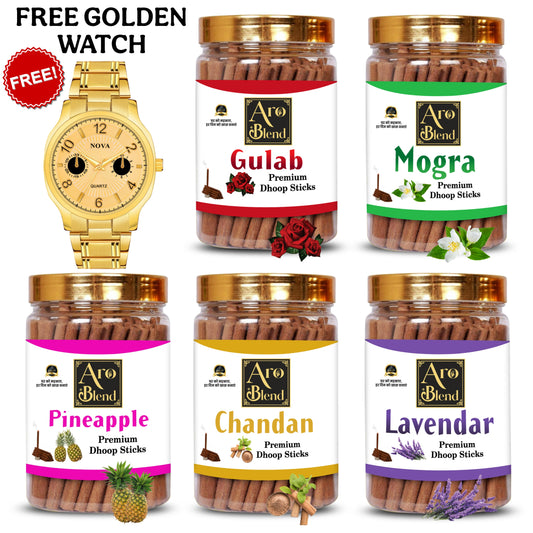 AROBLEND PREMIUM GULAB, MOGRA, CHANDAN, PINEAPPLE & LAVENDER DRY DHOOP STICKS AND GOLDEN LUXURY WATCH FREE