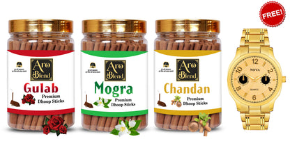 Aroblend Premium Golden Watch & Gulab, Mogra, Chandan Dry Dhoop Sticks | (100gms×3) 300 Gram Jar | Golden Luxury Watch Free