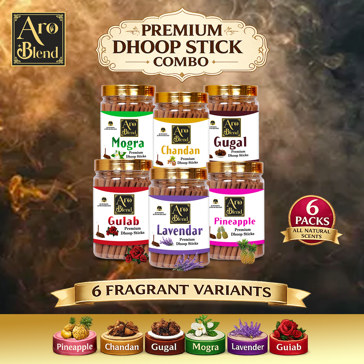 Aroblend Premium Gulab, Mogra, Chandan, Pineapple, Lavender & Gugal Dry Dhoop Incense Sticks Combo Pack Of 6 Jar For Room Freshness, & Yoga Meditation