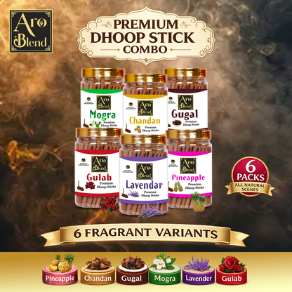 Aroblend Premium Gulab, Mogra, Chandan, Pineapple, Lavender & Gugal Dry Dhoop Incense Sticks Combo Pack Of 6 Jar For Room Freshness, & Yoga Meditation