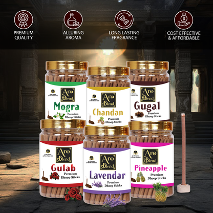 Aroblend Premium Gulab, Mogra, Chandan, Pineapple, Lavender & Gugal Dry Dhoop Incense Sticks Combo Pack Of 6 Jar For Room Freshness, & Yoga Meditation