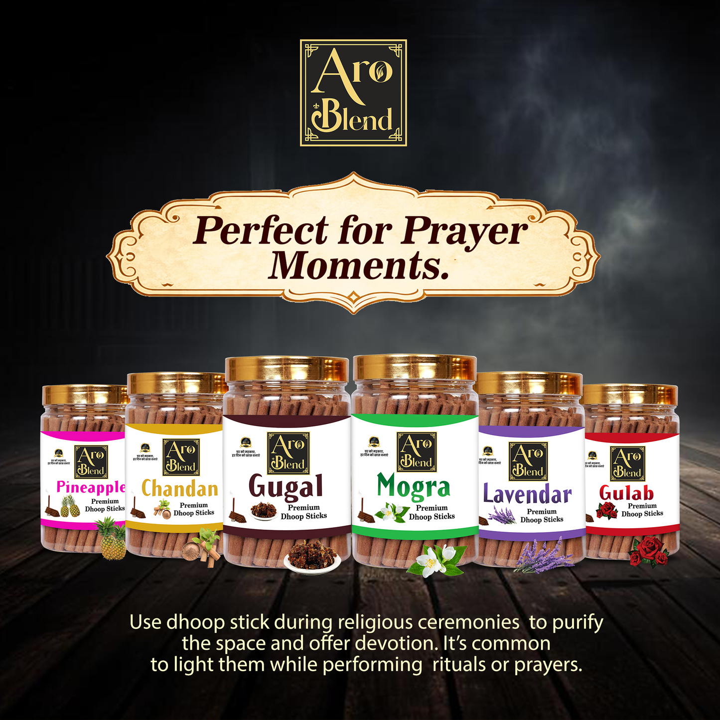 Aroblend Premium Gulab, Mogra, Chandan, Pineapple, Lavender & Gugal Dry Dhoop Incense Sticks Combo Pack Of 6 Jar For Room Freshness, & Yoga Meditation